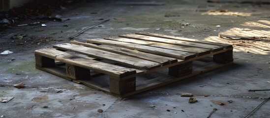A dilapidated wooden pallet sits overturned on a dirty floor, showcasing the worn and weathered state of the pallet.