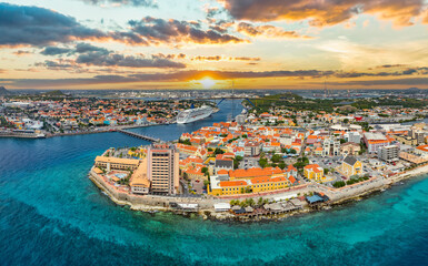 Willemstad, Curacao Sunrise Skyline Aerial - 740352523