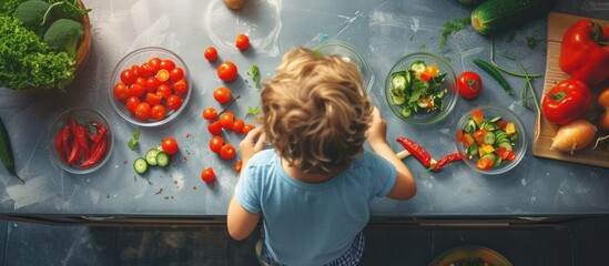 A child stands in front of a table filled with various vegetables, using them to create stamp artwork from a top view.