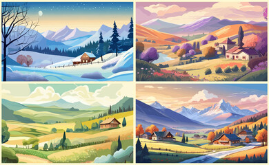 Set of four seasons backgrounds, banners. Winter, spring, summer, autumn nature landscapes. Colorful backdrops, covers with trees, mountains, village houses. Vector art illustrations.