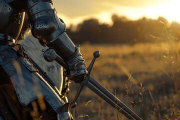 Medieval Knight with Sword on a Horse Outside