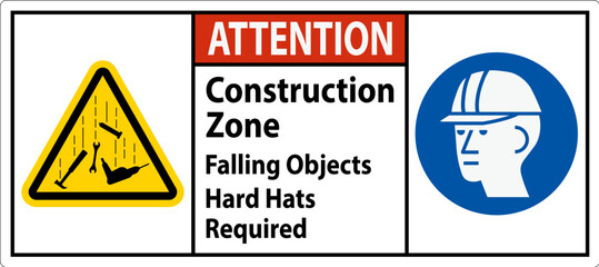 Obraz premium Attention Sign, Construction Zone, Falling Objects Hard Hats Required