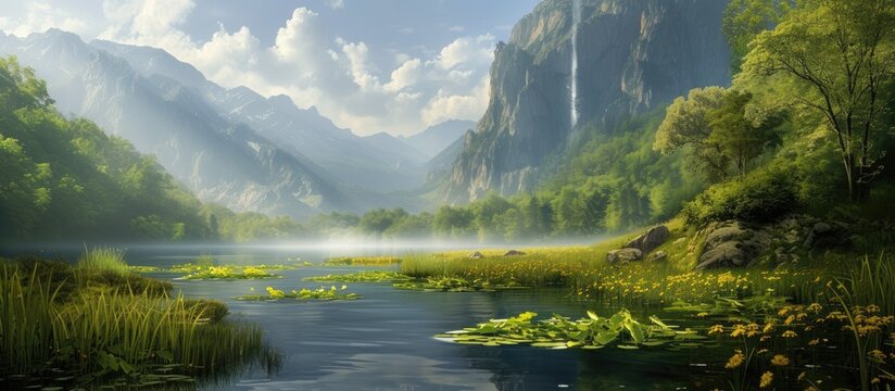 A scenic painting portraying a river flowing through majestic mountains, ideal for wallpaper background and print.