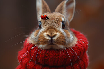 a cute rabbit wearing a red sweater, showcasing its fluffy fur and the cozy attire