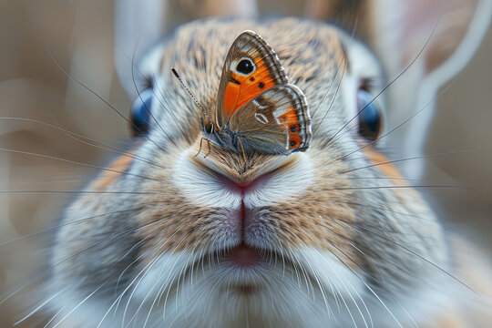 rabbits nose with delicate butterfly, creating a magical and enchanting moment in nature