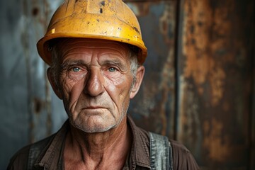 Vieil ouvrier aux yeux bleus casque jaune » IA générative - obrazy, fototapety, plakaty