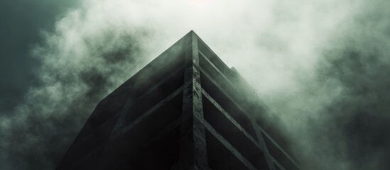Gazing up at the skyscraper, its facade disappearing into the cloudy sky, the tower block epitomizes the citys symmetry amid the fog - obrazy, fototapety, plakaty