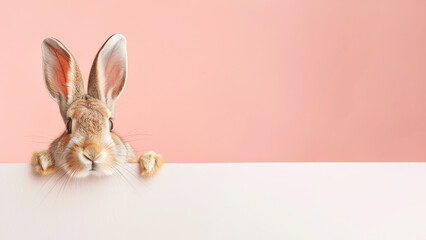 Fototapeta na wymiar A funny happy Easter hare peek out from white blank board. 
