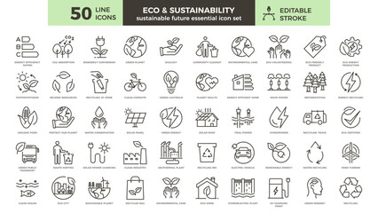 Eco and Environmental Sustainability Icon Set: 50 Thin Line Illustrations for a Greener Future - Editable Stroke Icons on Ecology, Renewable Energy and Eco-Friendly Practices