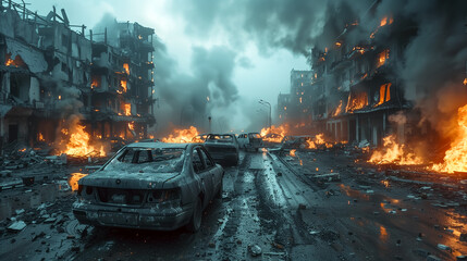 A car on a street of a destroyed and burning city. World war and armageddon concept.