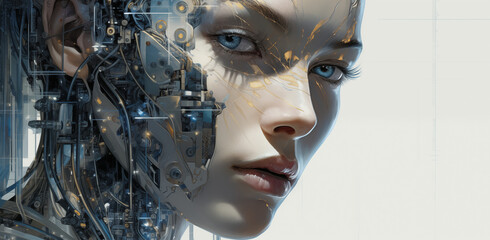 Konzept Künstliche Intelligenz, Maschinenlernen eines humanoiden Roboters, Cyborg, Mesch Maschine Kombination