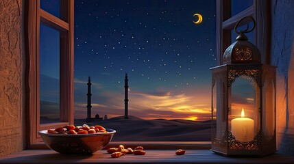 arabic lantern with burning candle and bowl of fresh dates in front of open window islamic shades, crescent moon and stars, realistic, copy space - generative ai