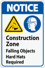 Notice Sign, Construction Zone, Falling Objects Hard Hats Required