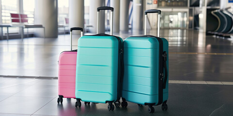 Three suitcases, airport background