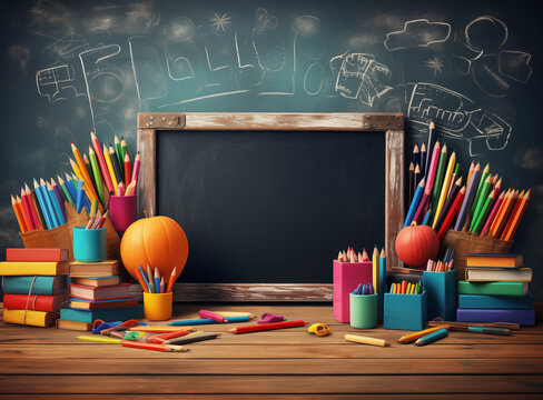 Zur&uuml;ck in die Schule, Kreidetafel mit bunter Kreide, Buntstiften und anderen Schulsachen, Konzept Schulanfang, Einschulung