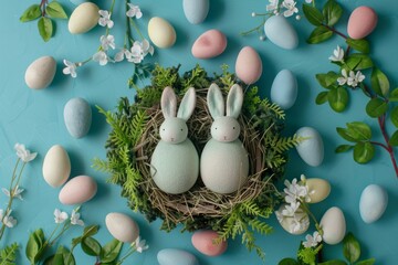 Obraz premium Happy Easter Eggs Basket tulip bouquets. Bunny hopping in flower easter porch decor decoration. Adorable hare 3d jesus christ rabbit illustration. Holy week easter hunt grass card Family tradition