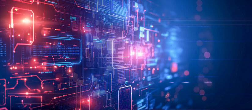 Background wall of data stream in perspective POV backdrop fading away - Holographic glowing information of complex artificial intelligence tasks