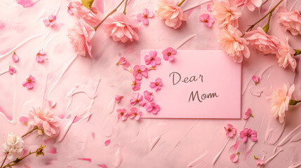 Feminine tender endearing greeting card design mother day pink envelope text message "Dear Mom" surrounded by roses flowers background with copy space 