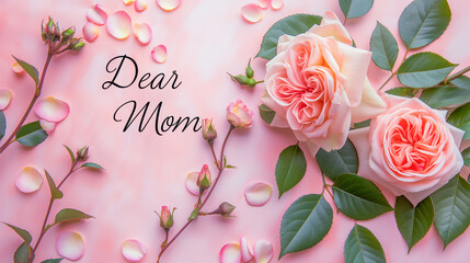 Endearing "Dear Mom" greeting card message design pink roses petals background - Mothers Day appreciation text quote