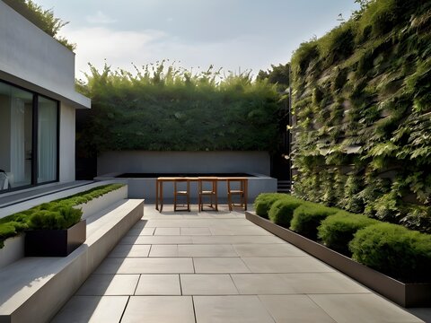 Empty rooftop garden with carefully placed potted plants in minimalist design. Lush greenery contrasts and the clean lines of the terrace, a balance of nature and architecture. A peaceful sitting roof