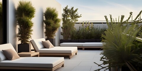 Empty rooftop garden with carefully placed potted plants in minimalist design. Lush greenery contrasts and the clean lines of the terrace, a balance of nature and architecture. A peaceful sitting roof