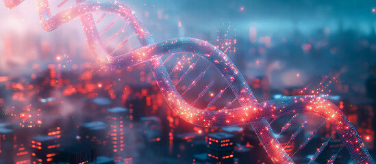 Genetic code sequence in focus cityscape background - Socioeconomics, Epigenetics, Determinism, and Gene-Culture study concept 