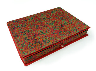 Vintage book gift box with Persian fabric pattern isolated on white