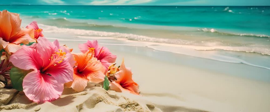 Flowers On The Beach, Resilient Beauty.  Hawaiian Hibiscus Flower Blossoms Amidst On Sandy Beach With Ocean In The Background.  Video. 