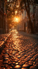 Picturesque Cobblestone Street Bathed in Golden Sunset Light
