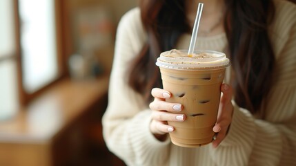 Cafe customer holding iced coffee with straw on blurred background, copy space for text.