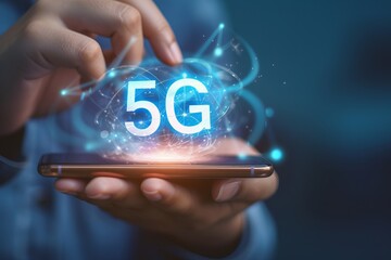 Interactive holographic 5g text icon on mobile phone in hands with futuristic concept