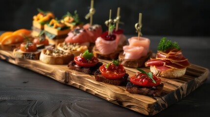 the buffet at the reception. Assortment of canapes on wooden board. Banquet service. catering food, snacks with cheese, jamon, prosciutto and fruit