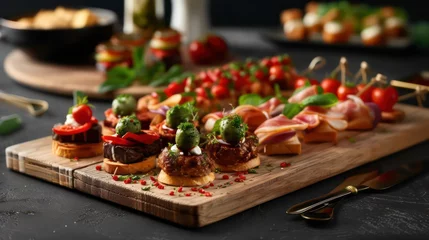 Fotobehang Appetizers table with italian antipasti snacks and wine in glasses. Brushetta or authentic traditional spanish tapas set, cheese variety board over grey concrete background. Top view, flat lay © Ibad