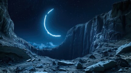Fantasy night landscape with a crescent moon, a large fault in the earth, a ravine, blue neon. 3D illustration - obrazy, fototapety, plakaty