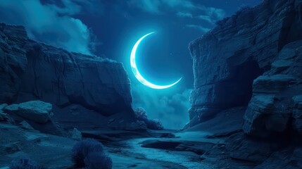 Fantasy night landscape with a crescent moon, a large fault in the earth, a ravine, blue neon. 3D illustration