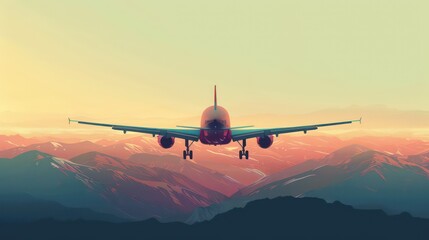 Airplane flying in the sky at sunrise. Airplane travel journey flight cartoon illustration.