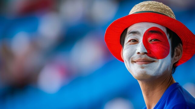 Energetic japanese fan with face paint cheering at sports event with blurry stadium background