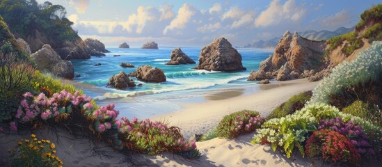 Fototapeta na wymiar A captivating coastal painting showcasing a serene shoreline with vibrant plants and majestic rocks blending in perfect harmony on the beach.