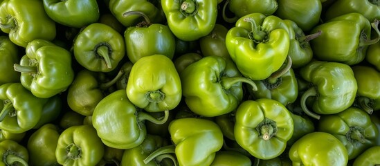 A Collection of Fresh Green Bell Peppers on Display for Sale at a Local Farmer's Market