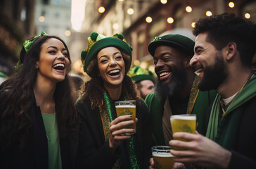 Gruppe von Personen feiert in einer Bar den St Patrick's day, Grüne Klamotten, Bier und Party