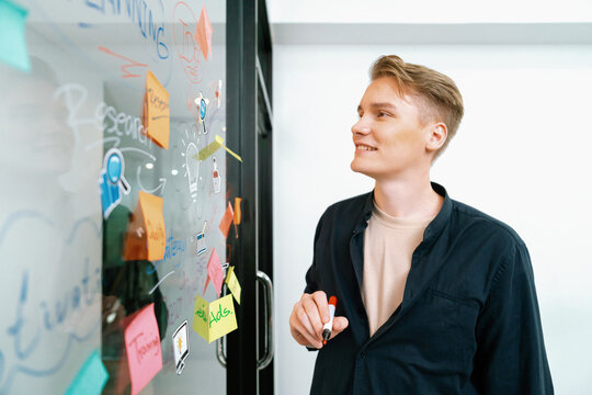 Closeup image of professional caucasian businessman presenting business marketing idea with confident by using mind map and colorful sticky note. Start up project concept. Portrait. Immaculate.