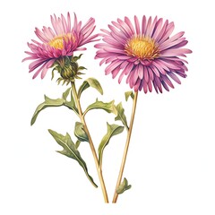 antique encyclopedia color sketch of two stems aster flowers - obrazy, fototapety, plakaty