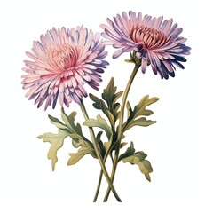 antique encyclopedia color sketch of two stems aster flowers - obrazy, fototapety, plakaty