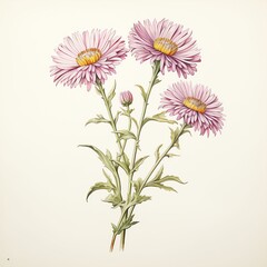 antique encyclopedia color sketch of two stems aster flowers