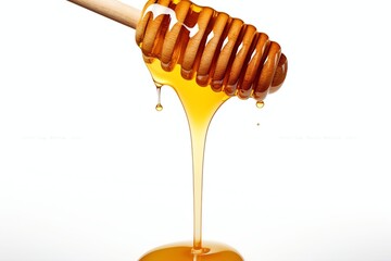 bee dripping honey from a wooden spoon in front of a white background