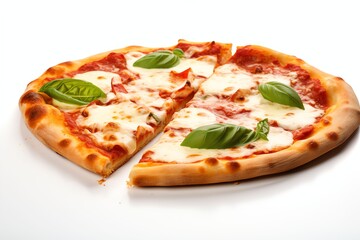 Commercial photography, one piece of hot pizza, melted mozzarella, a fresh green basil leaf