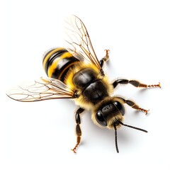 cute bee top view, isolated, white background - obrazy, fototapety, plakaty