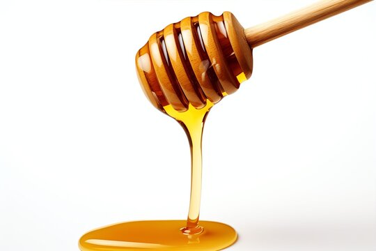 bee dripping honey from a wooden spoon in front of a white background
