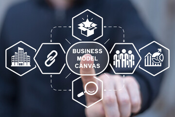 Man using virtual screen presses inscription: BUSINESS MODEL CANVAS. Business Model Canvas ( BMC )...