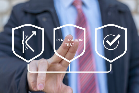 Young businessman select shield icon with text PENETRATION TEST on virtual display. Cyber security privacy data protection business technology. Pentesting - penetration test concept.